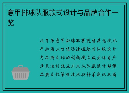 意甲排球队服款式设计与品牌合作一览